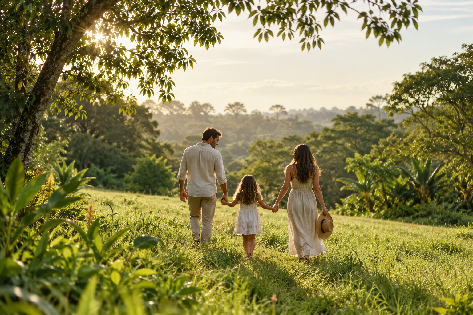 Familia ficticia en un paisaje imaginado, escena creada con IA